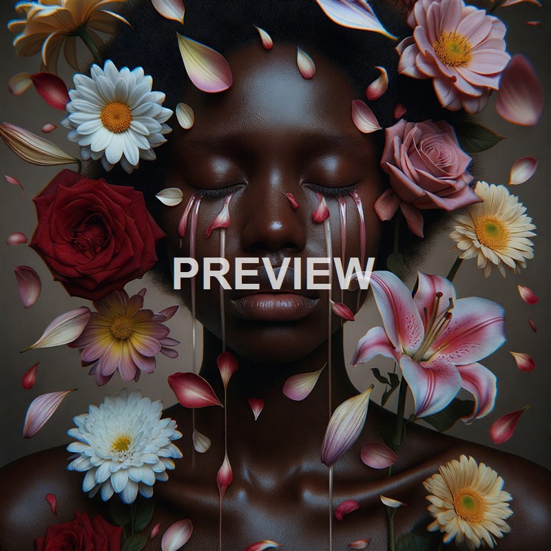 A portrait of a dark-skinned woman with her eyes closed, surrounded by and intertwined with various colorful flowers, some appearing to be melting or dripping down her face.